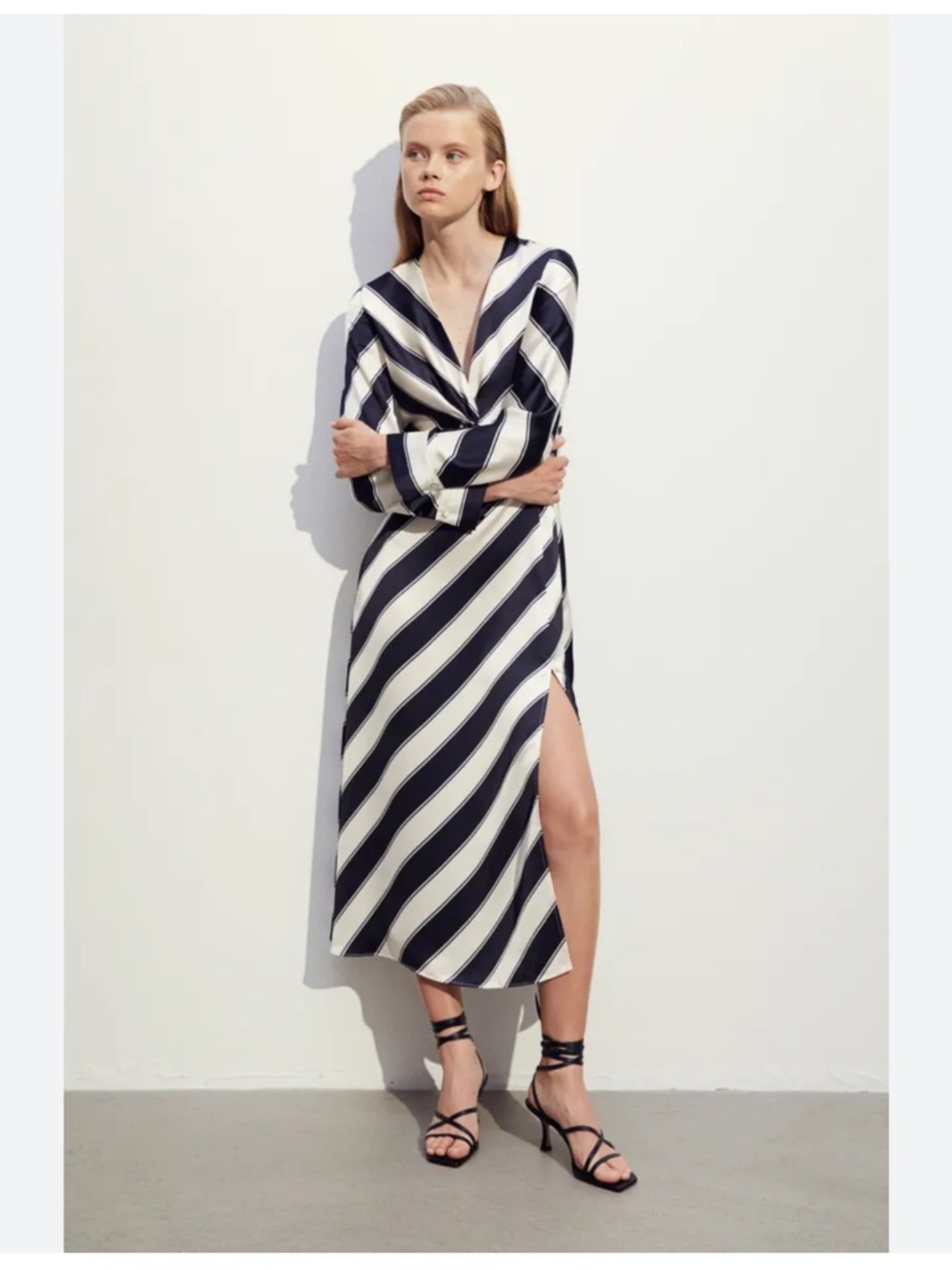 H&M Satin Black & Cream Striped Maxi  Dress. Size XS